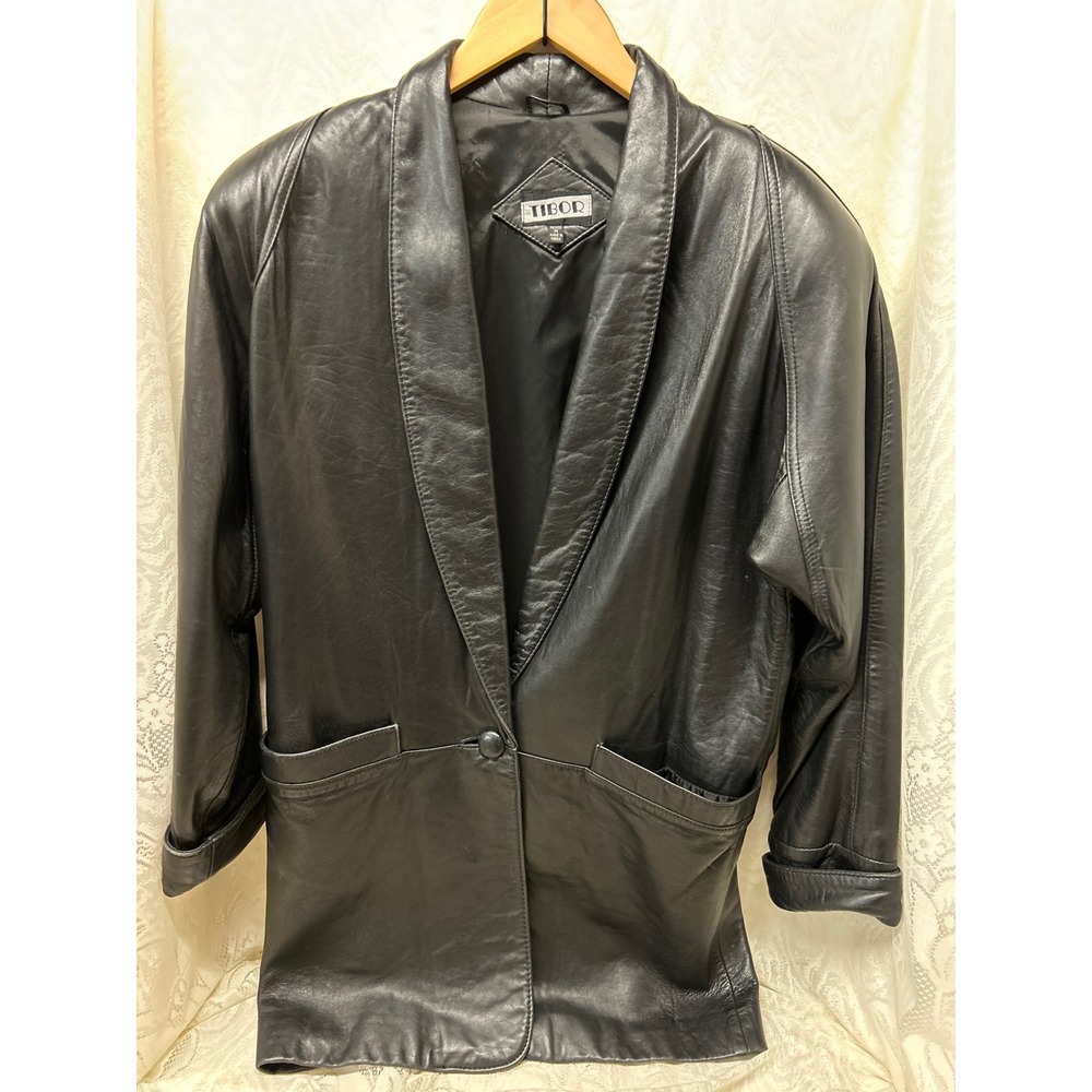Tibor Black Genuine Leather Blazer Jacket Shawl Collar Single Button Women's M‎